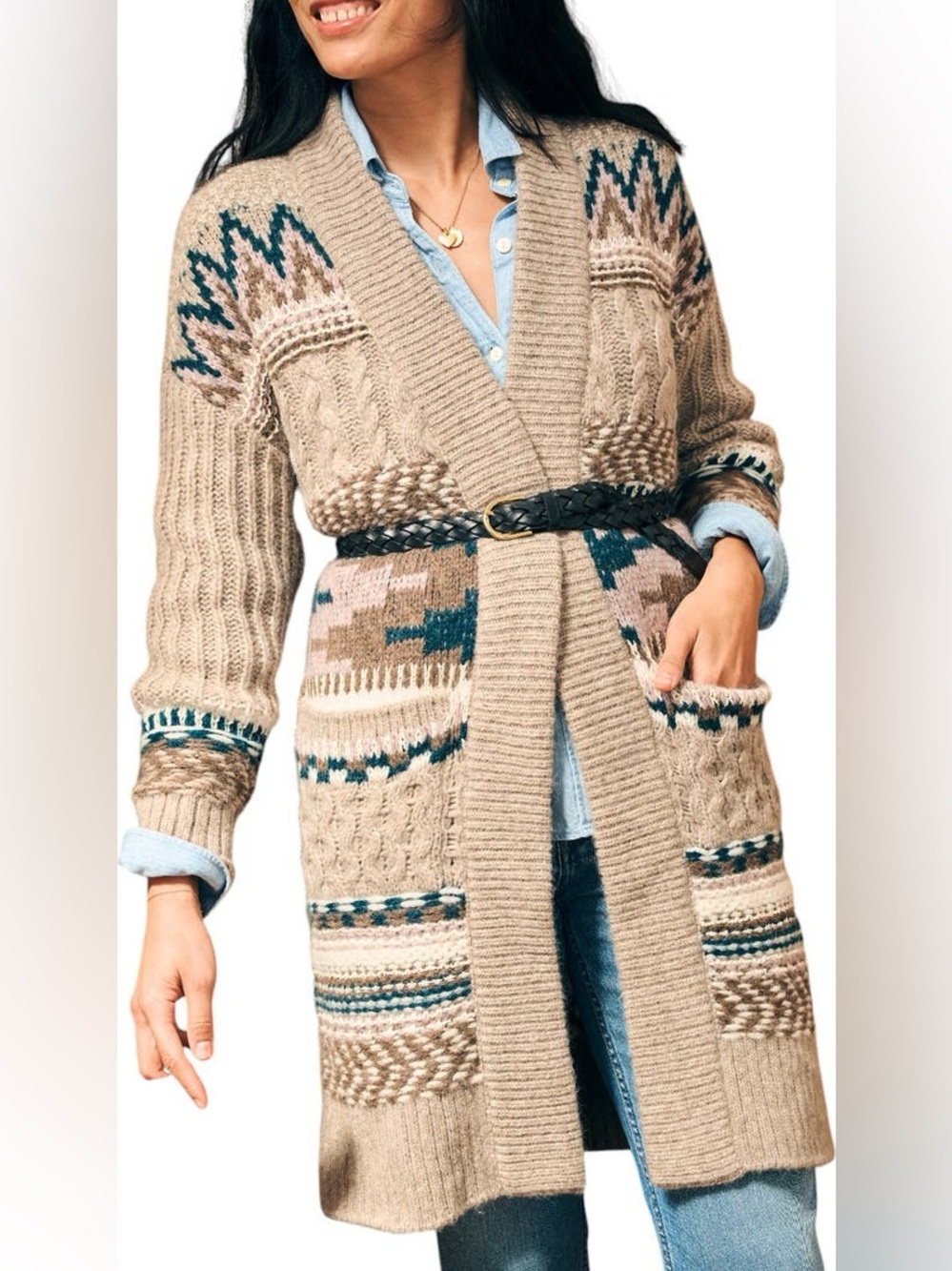 Faherty Native Knitter Kinship cardigan w/ Alpaca wool Aztec open front long